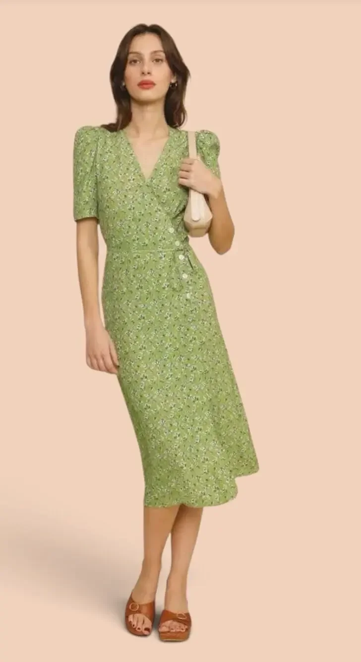 rouje dress green Paris Gabin in Light Olive Floral Print Midi Wrap size EU 36 unique fashion dress women